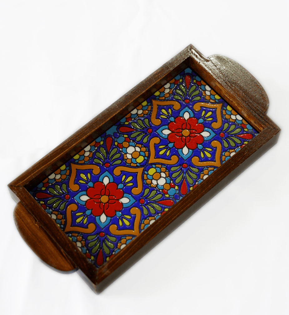 hand-painted decorative tray with intricate miniature art patterns in vibrant colors on a wooden base.