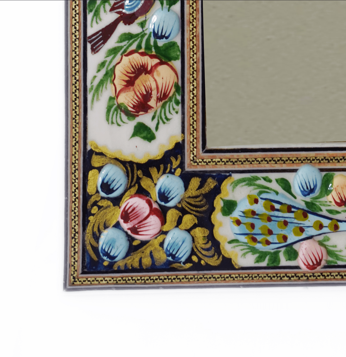hand-painted relief enamel mirror featuring a bird & bloom design with colorful floral and bird motifs.