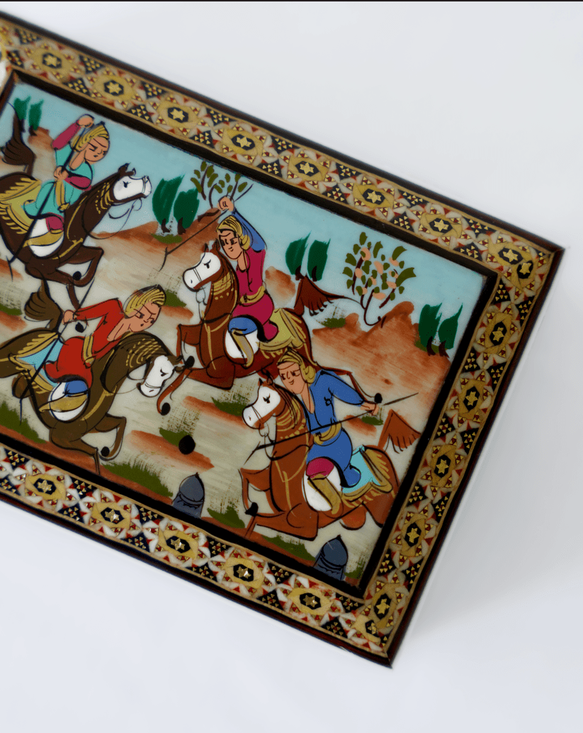 handmade wooden jewelry box with hand-painted polo scene and marquetry borders.