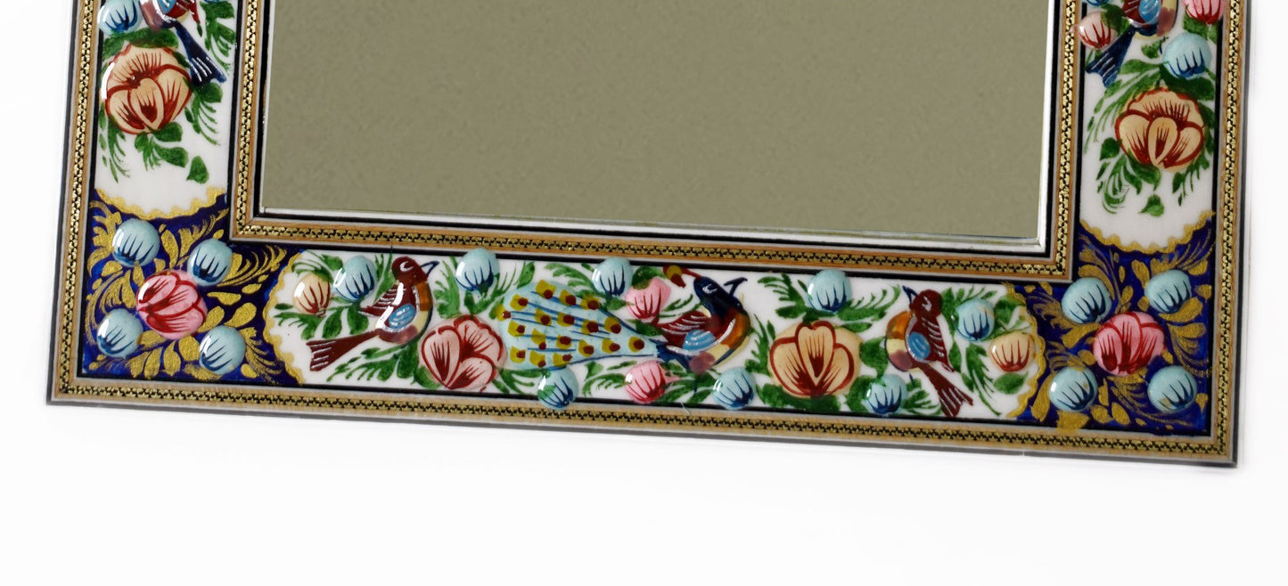 hand-painted relief wall mirror with bird & floral frame – luxury handcrafted art by pilardi