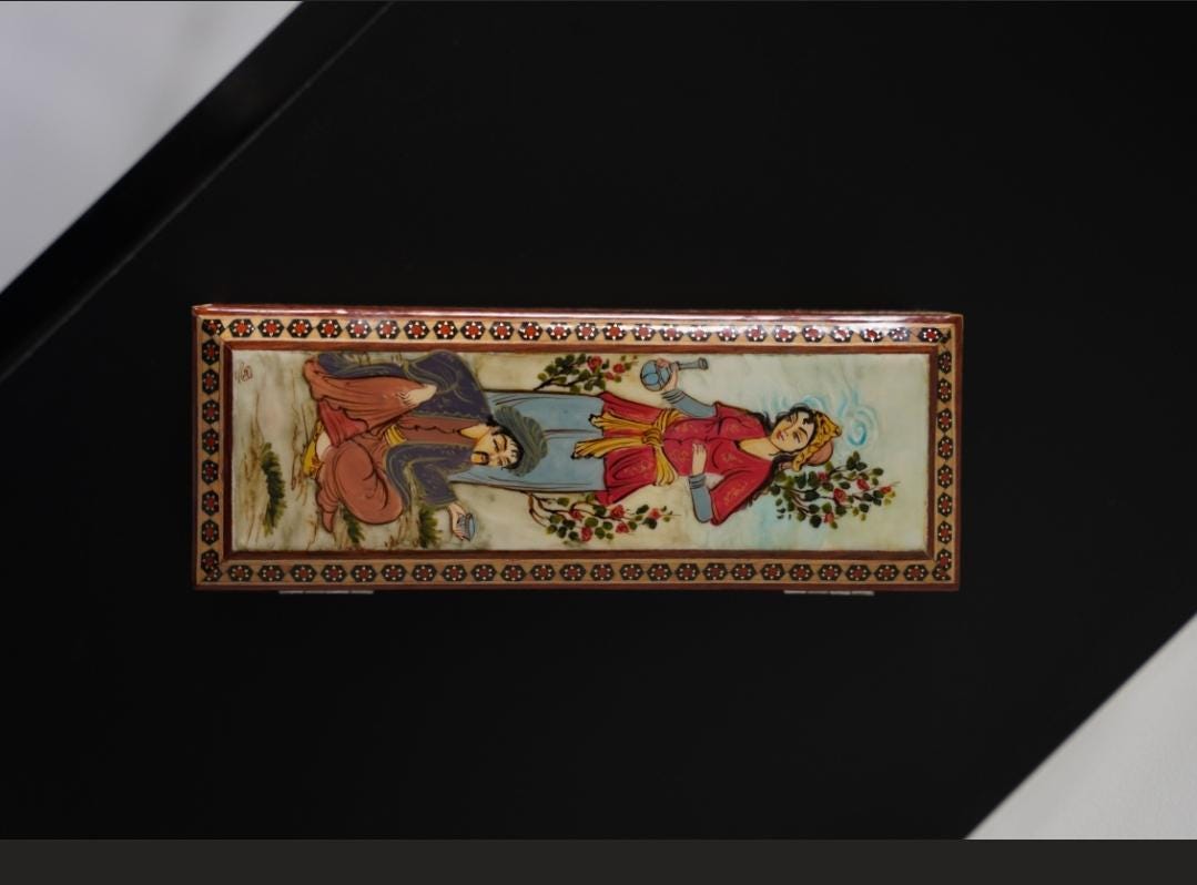 leili o majnoun – medium hand-painted box, miniature persian love story (20×7×5 cm)