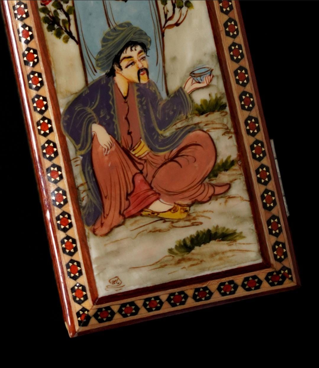handmade wooden jewelry box featuring hand-painted miniature scene from leili o majnoun, depicting a seated man.