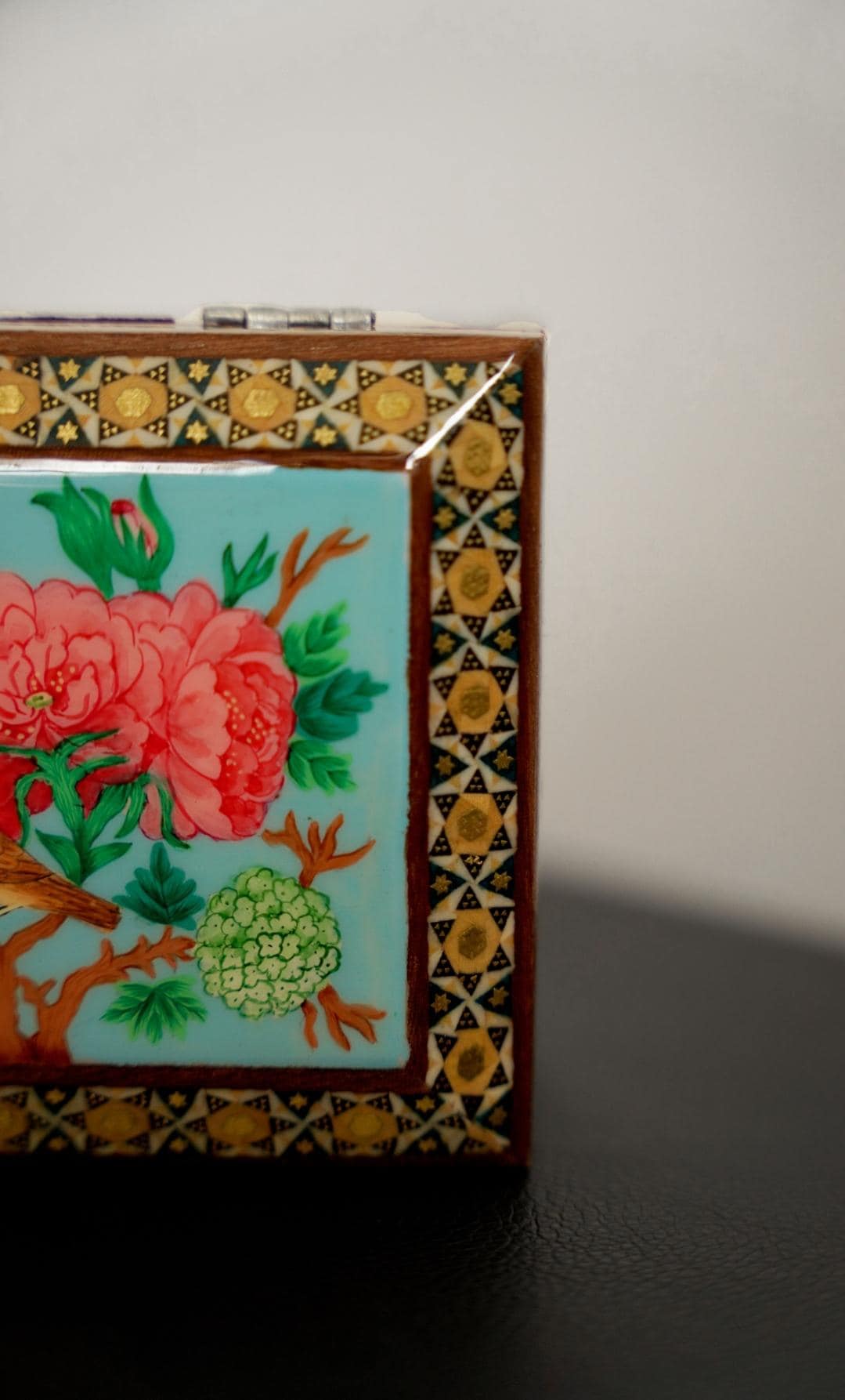 golshan – hand-painted jewelry box with bird and floral motif, khatamkari frame, velvet interio