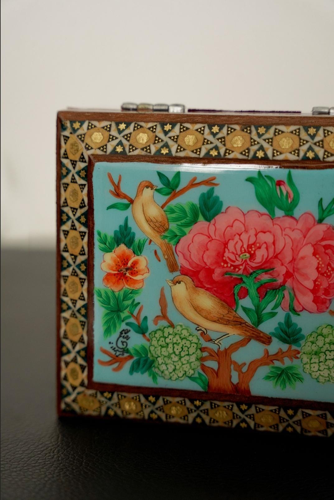 golshan – hand-painted jewelry box with bird and floral motif, khatamkari frame, velvet interio
