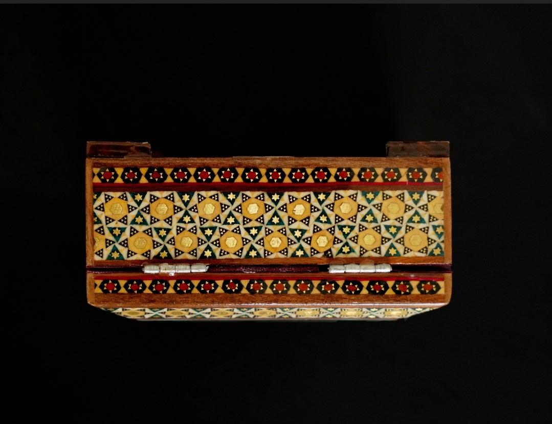 golshan – hand - painted jewelry box with bird and floral motif, khatamkari frame, velvet interio – luxury handcrafted art by pilardi