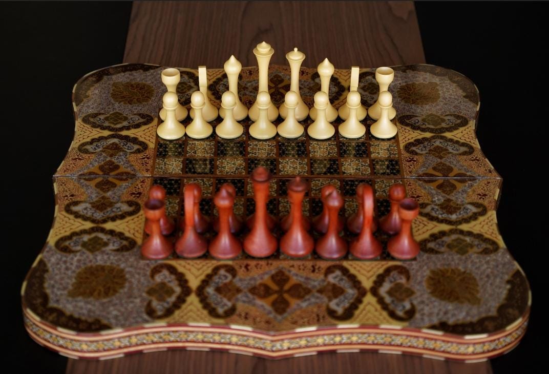 shabahang – luxury chess & backgammon set with shamseh motifs and shell finish