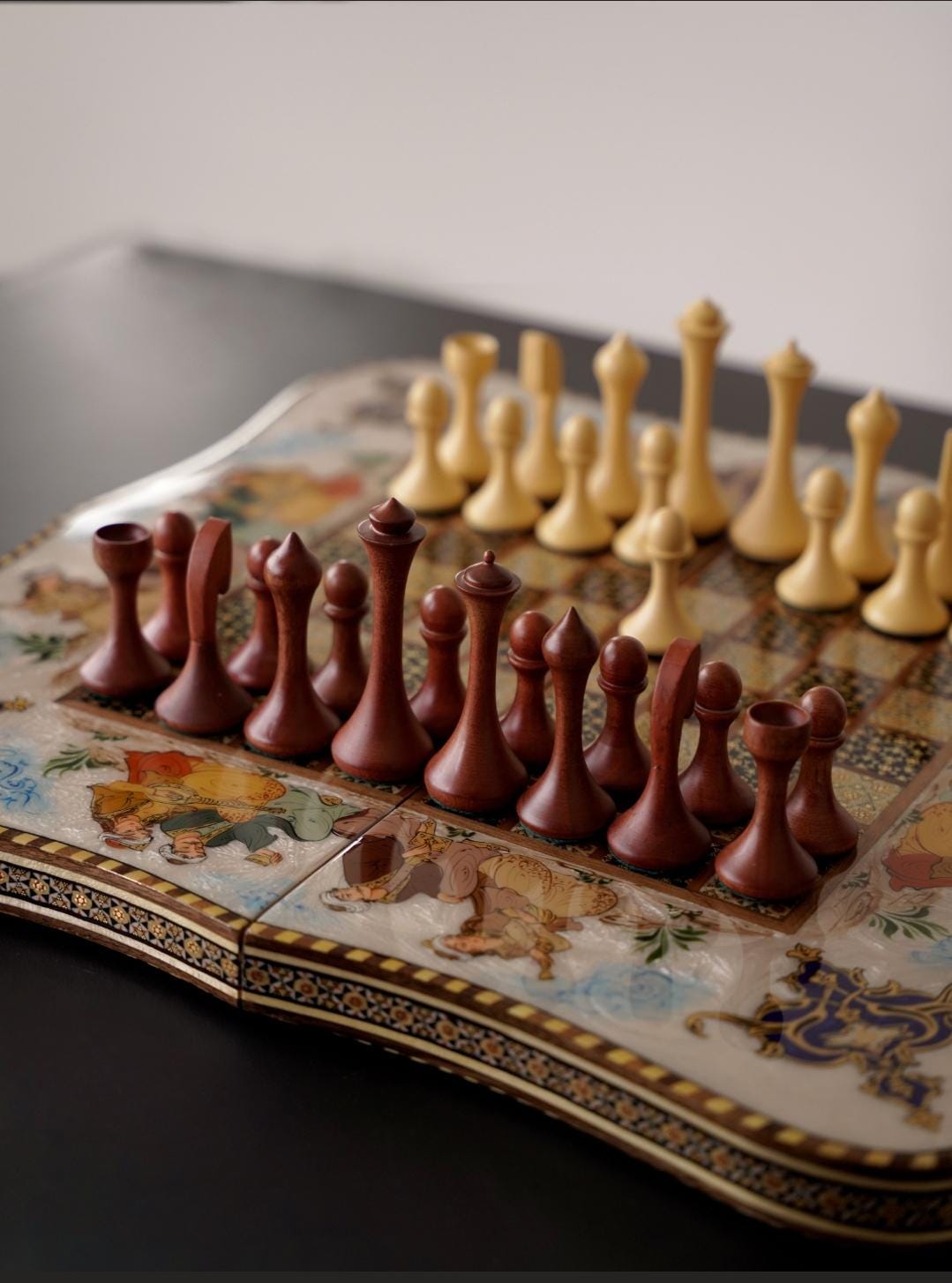 layli o majnun – hand-painted chess & backgammon set with romantic miniature and shamseh motifs