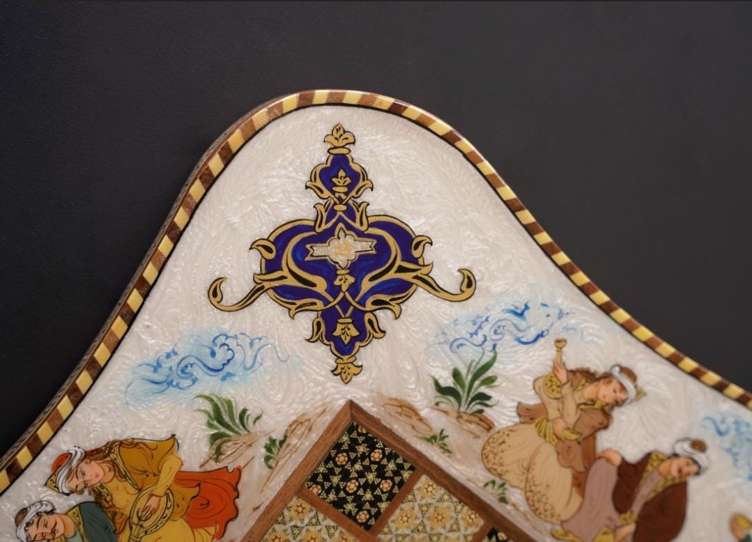 layli o majnun – hand-painted chess & backgammon set with romantic miniature and shamseh motifs