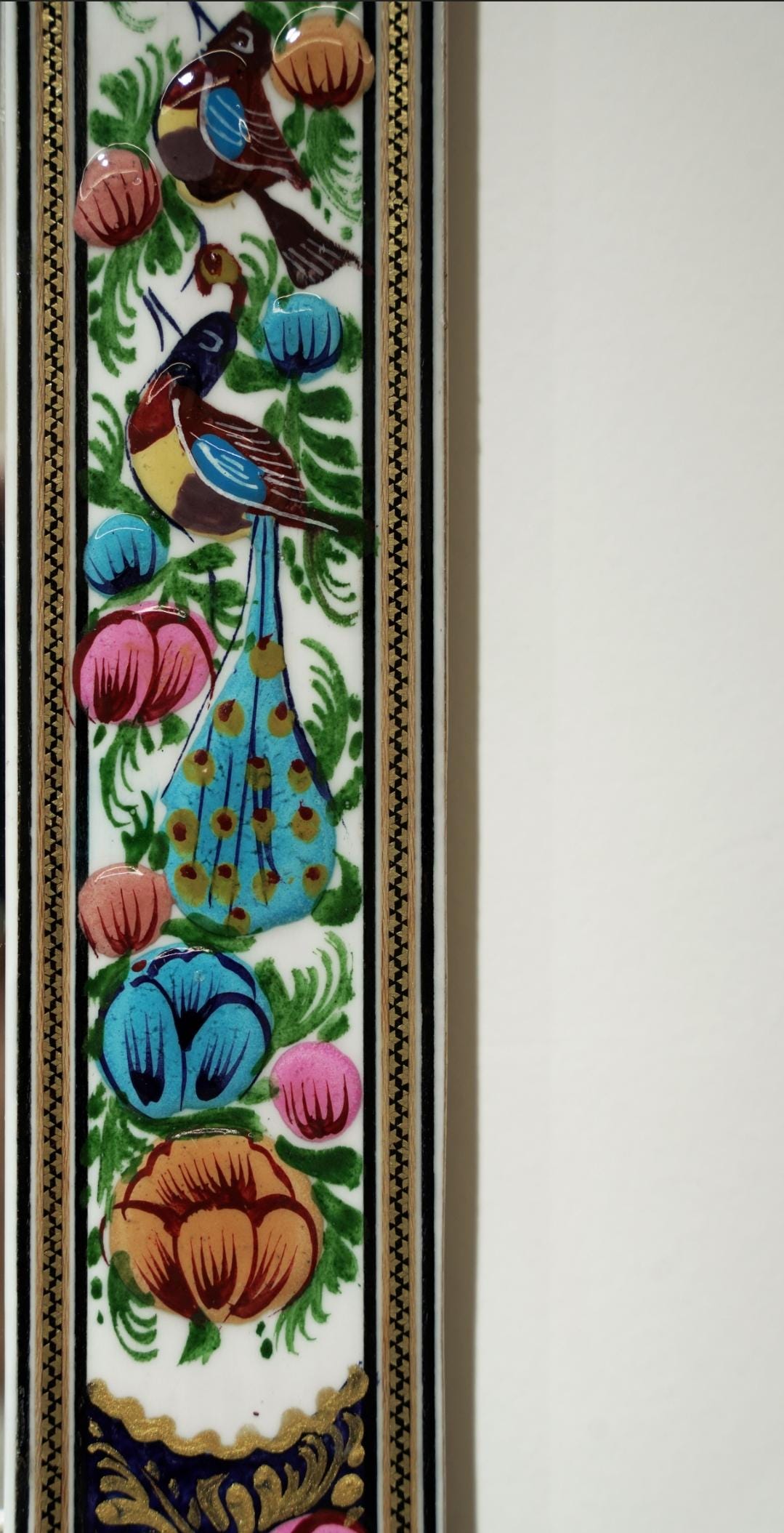 hand-painted mirror with relief enamel frame – bird & bloom design (50×40.5 cm) blue and pink flowers