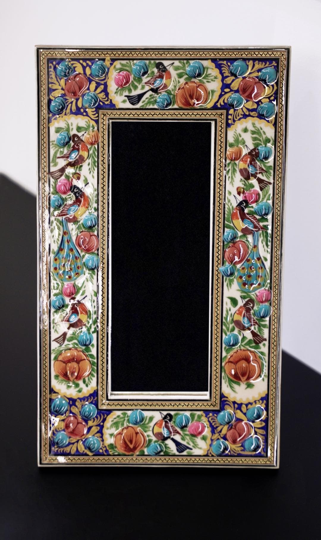 hand-painted mirror with relief enamel frame – bird & bloom design (35×20 cm)