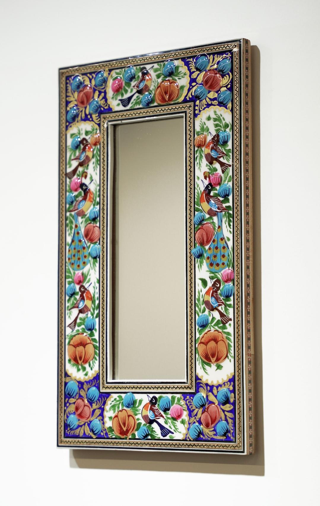 hand-painted mirror with relief enamel frame – bird & bloom design (35×20 cm)