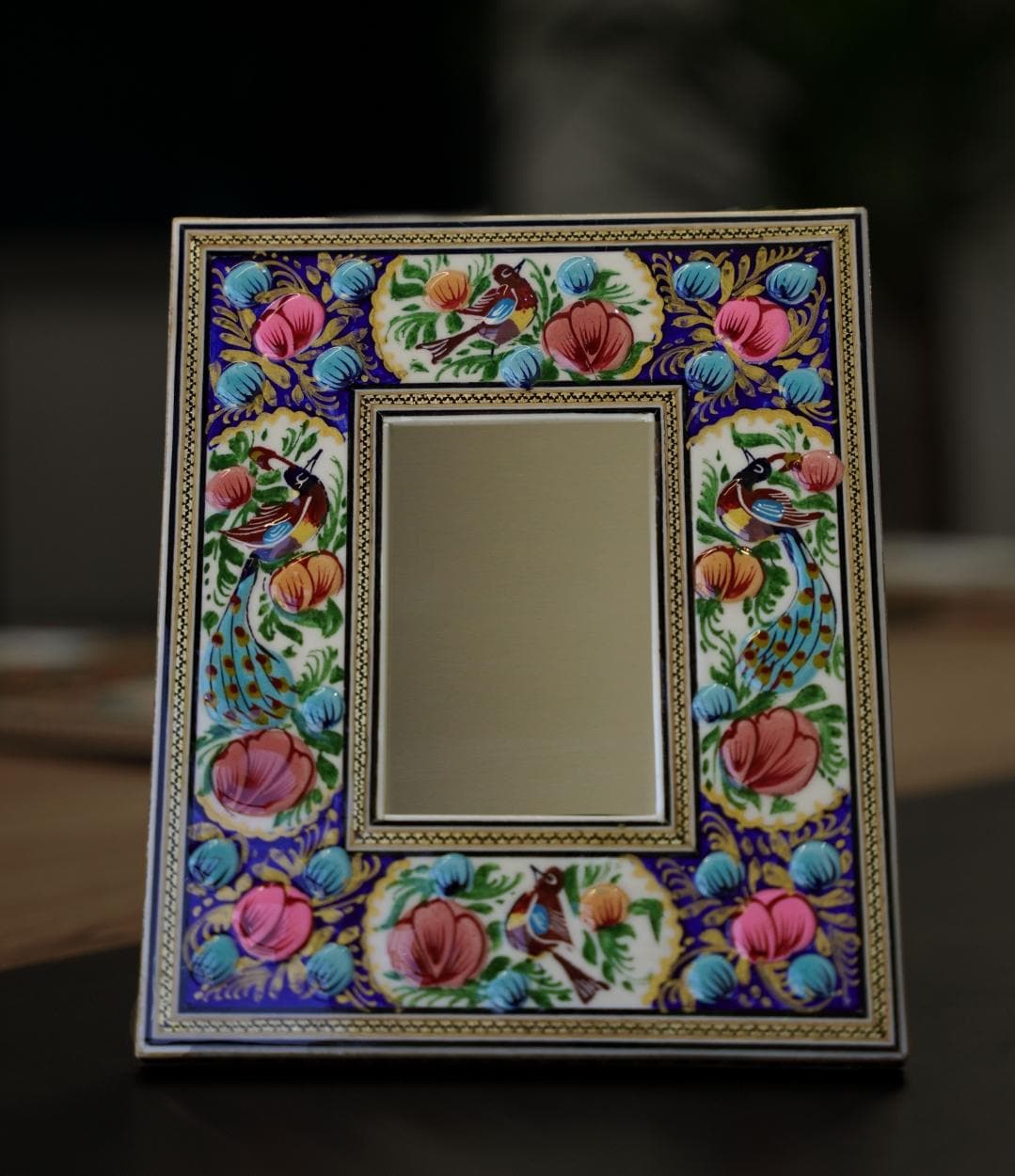 hand-painted mirror with relief enamel frame – bird & bloom design- blue flowers (23×19 cm)