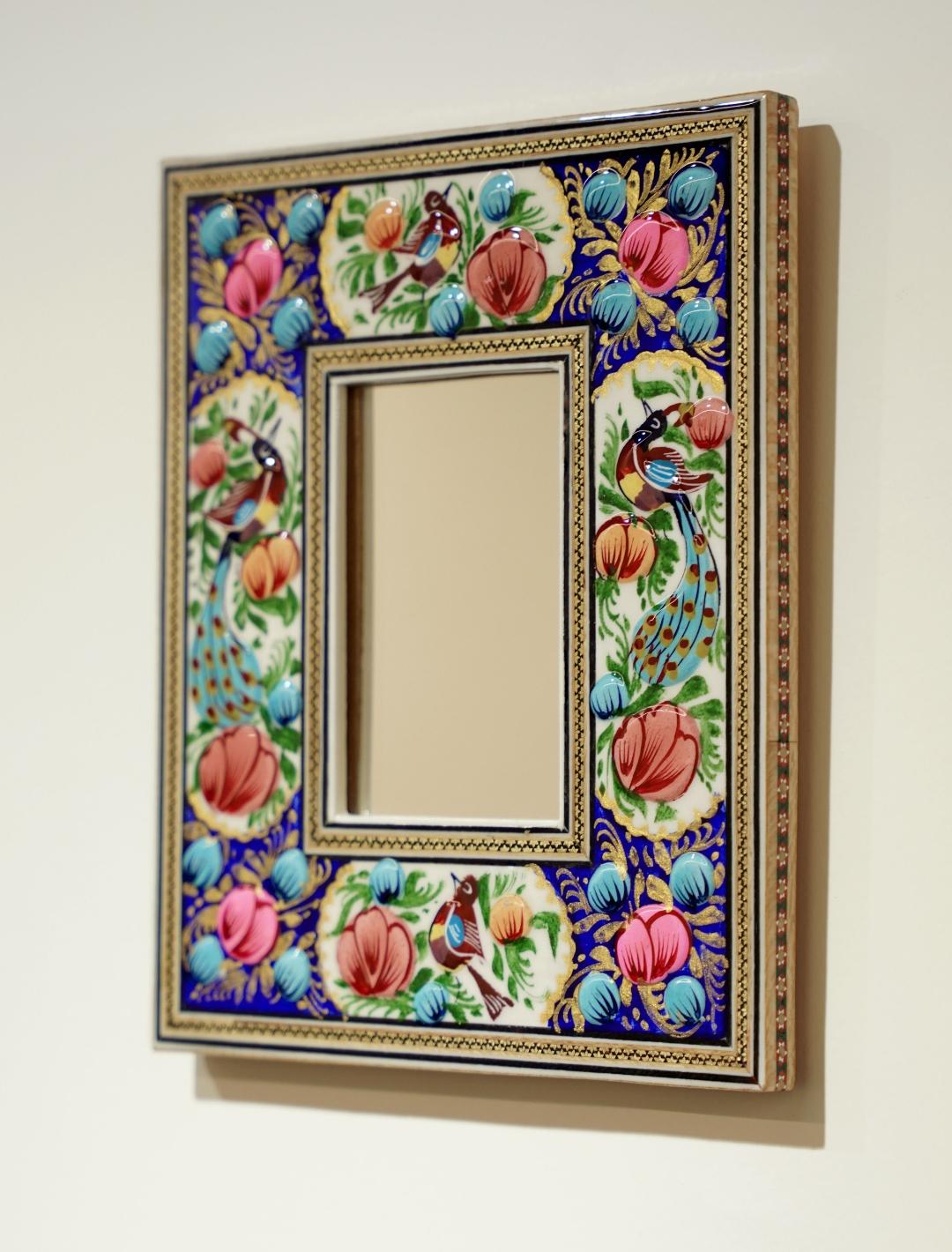 hand-painted mirror with relief enamel frame – bird & bloom design- blue flowers (23×19 cm)