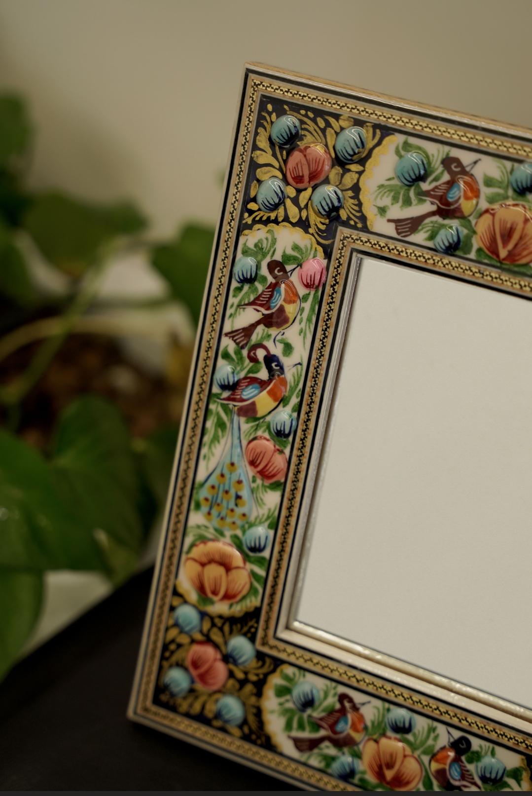 hand-painted mirror with relief enamel frame – bird & bloom design- light blue flowers (23×19 cm)
