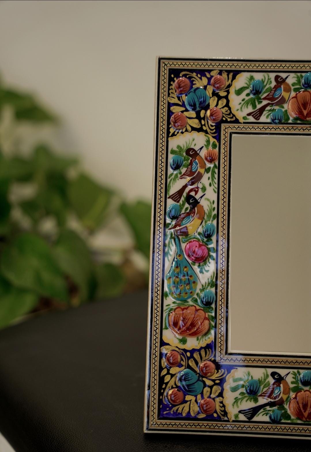 hand-painted mirror with relief enamel frame – bird & bloom design (28×23 cm) pink flowers