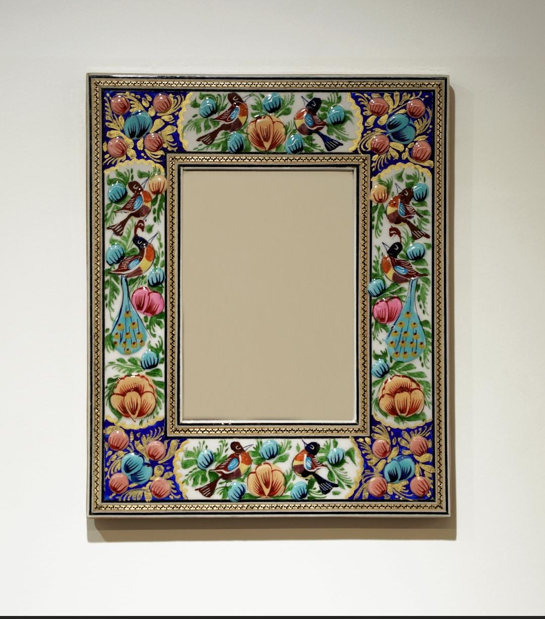 hand-painted mirror with relief enamel frame – bird & bloom design (28×23 cm) orange lotus