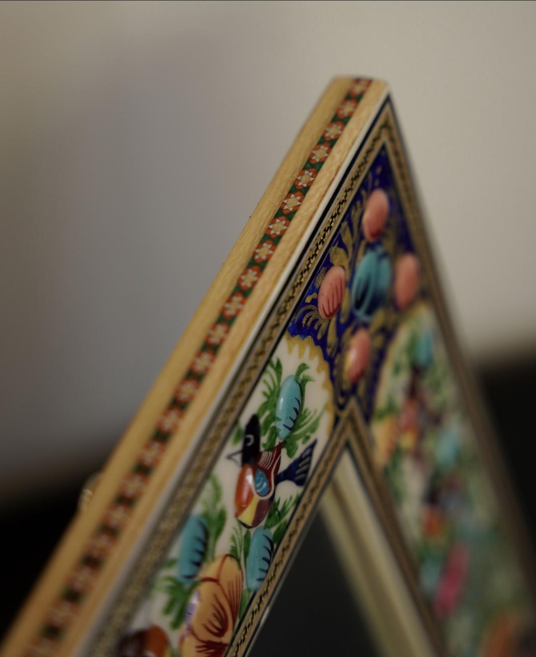 hand-painted mirror with relief enamel frame – bird & bloom design (28×23 cm) orange lotus