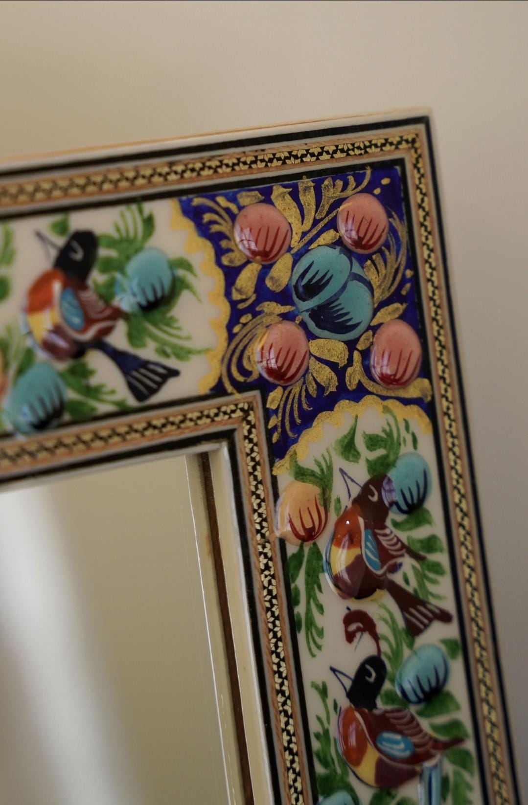 hand-painted mirror with relief enamel frame – bird & bloom design (28×23 cm) orange lotus