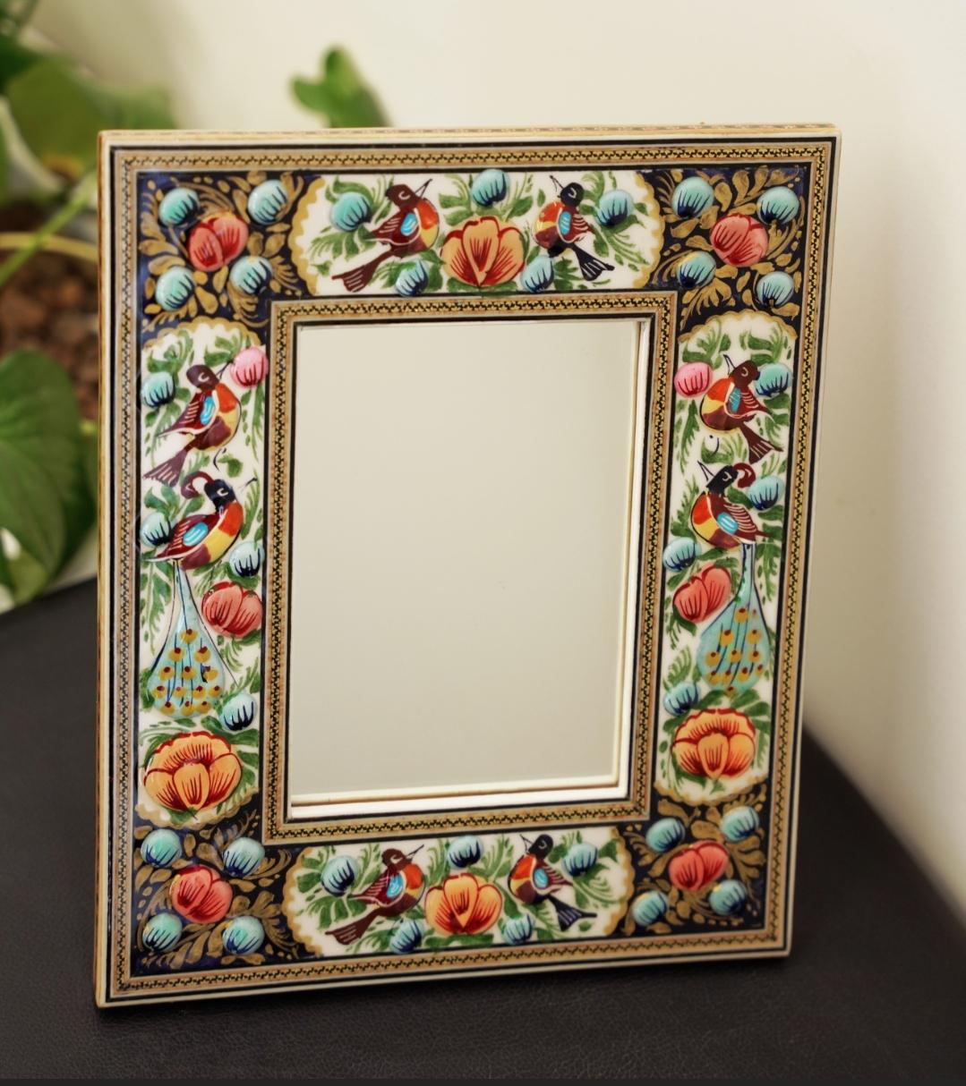hand-painted mirror with relief enamel frame – bird & bloom design (28×23 cm) blue flowers and orange lotus