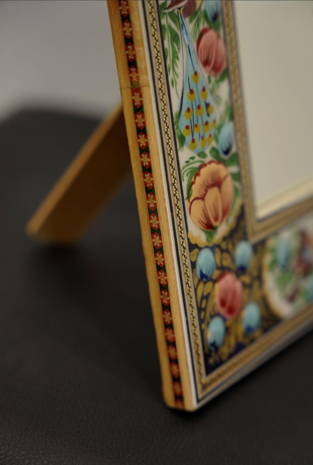 hand-painted mirror with relief enamel frame – bird & bloom design (28×23 cm) blue flowers and orange lotus