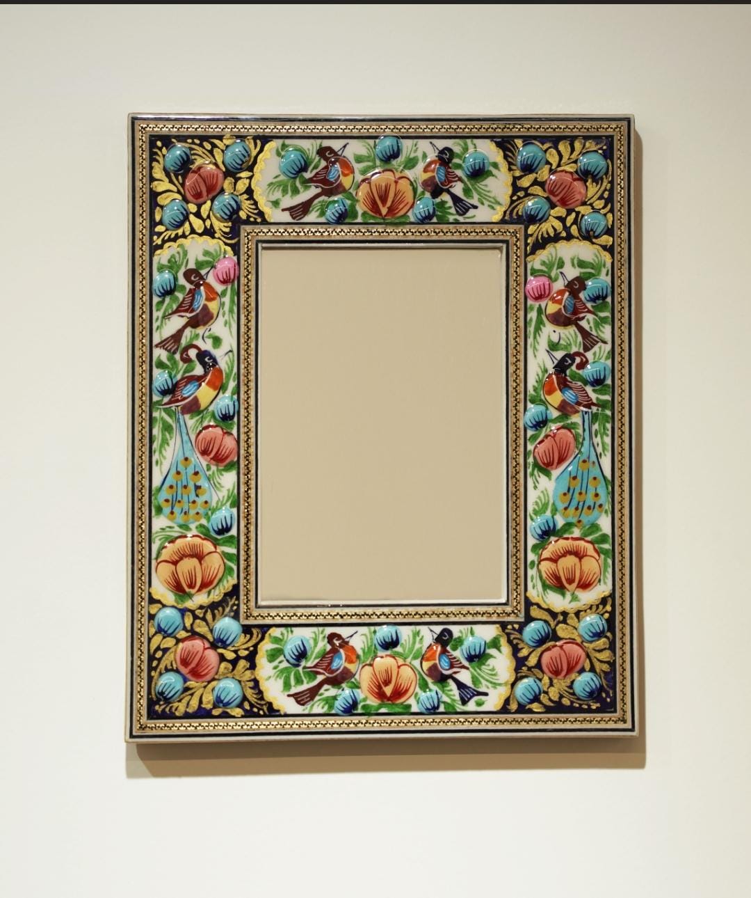hand-painted mirror with relief enamel frame – bird & bloom design (28×23 cm) blue flowers and orange lotus