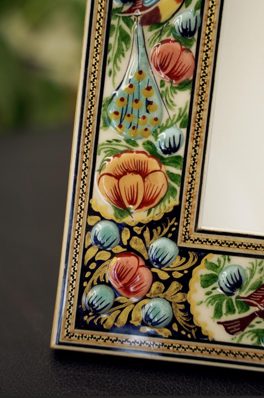 hand-painted mirror with relief enamel frame – bird & bloom design (28×23 cm) blue flowers and orange lotus
