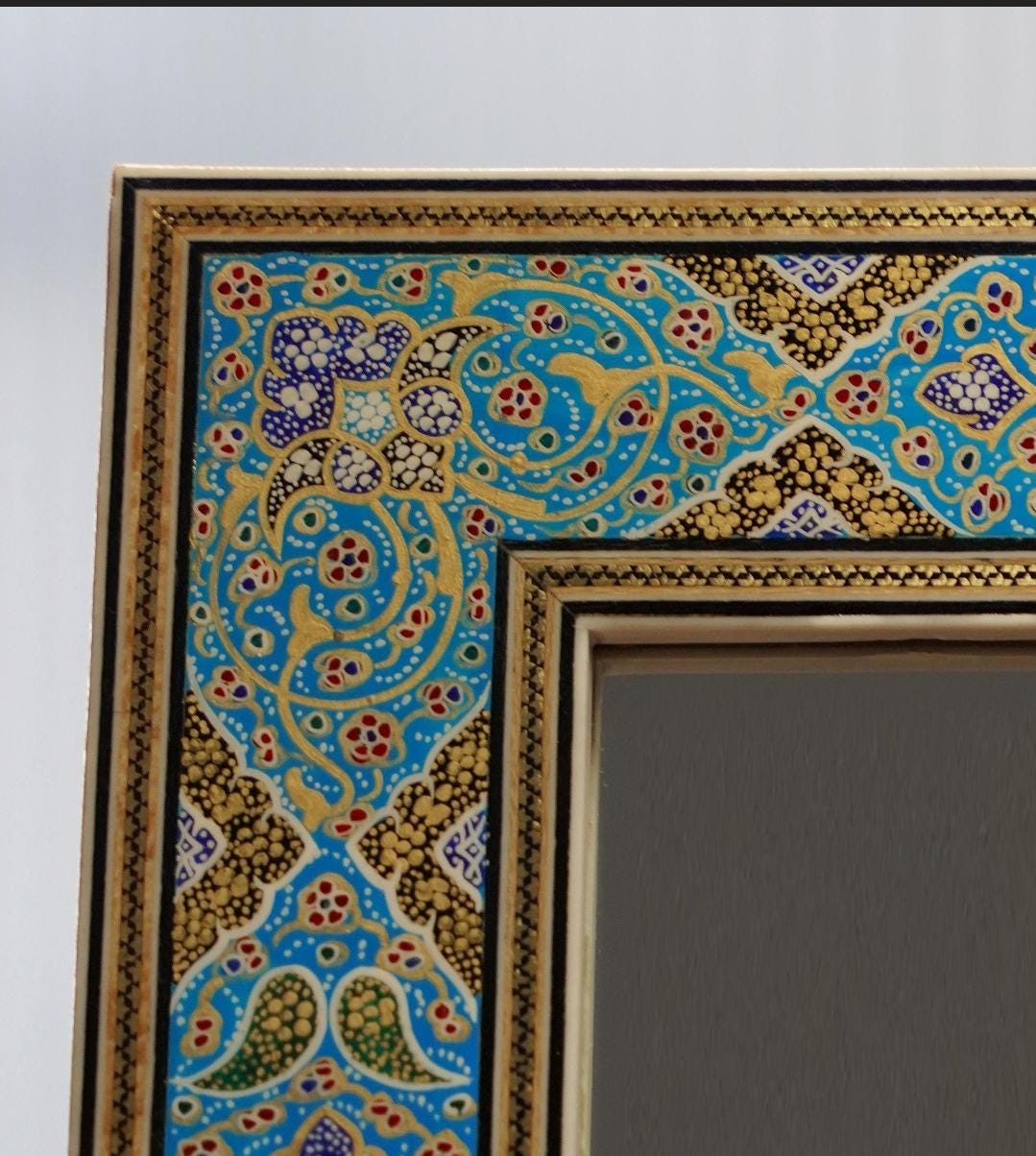 handmade tazhib mirror – turquoise | 34×28 cm