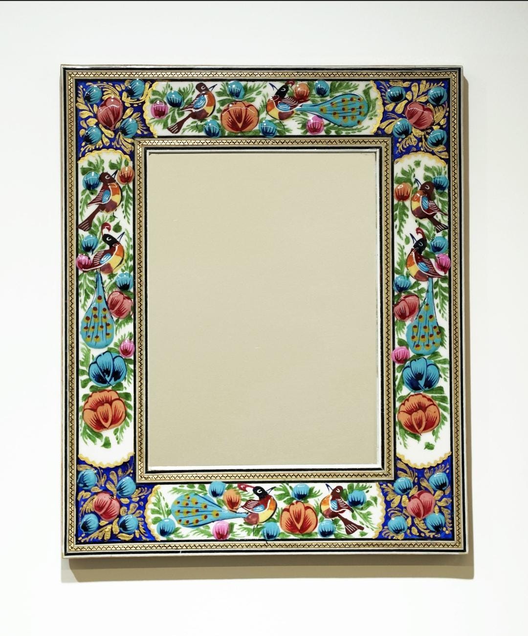 hand-painted mirror with relief enamel frame – bird & bloom design (34×28 cm) blue and orang flowers