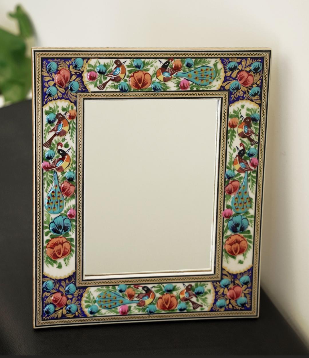 hand-painted mirror with relief enamel frame – bird & bloom design (34×28 cm) blue and orang flowers