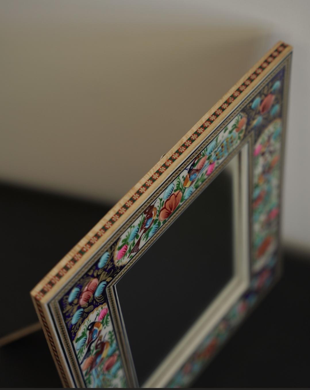 hand-painted mirror with relief enamel frame – bird & bloom design (34×28 cm) blue and orang flowers