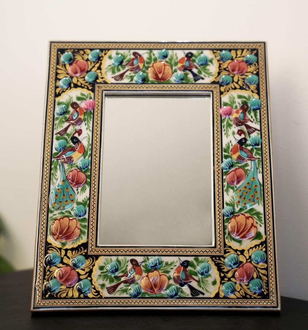 hand-painted mirror with relief enamel frame – bird & bloom design (34x28cm) orang and small blue