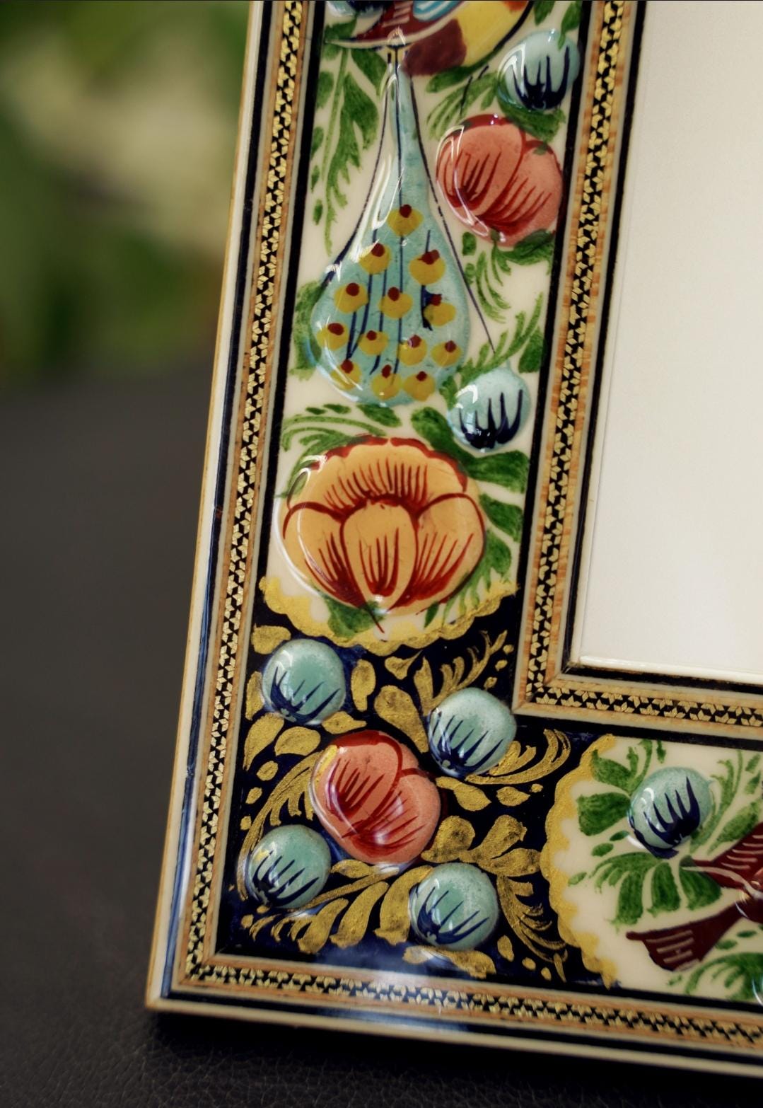 hand-painted mirror with relief enamel frame – bird & bloom design (34x28cm) orang and small blue
