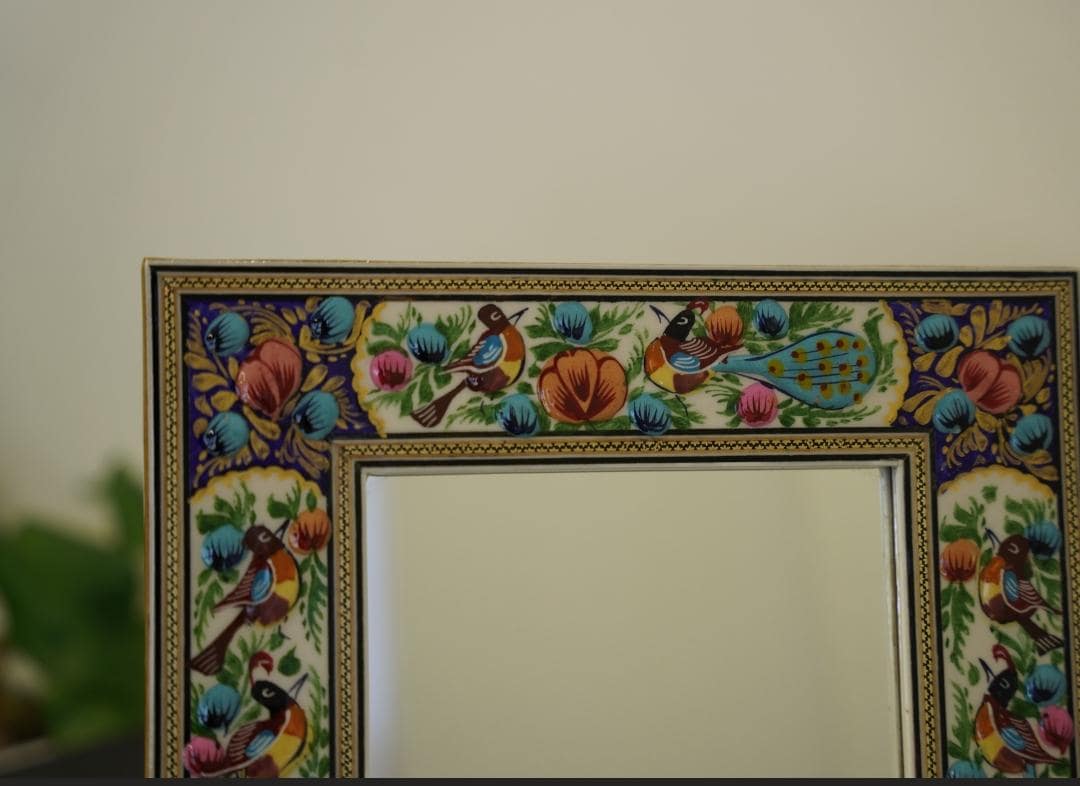 hand-painted mirror with relief enamel frame – bird & bloom design (34×28 cm) orang lotus