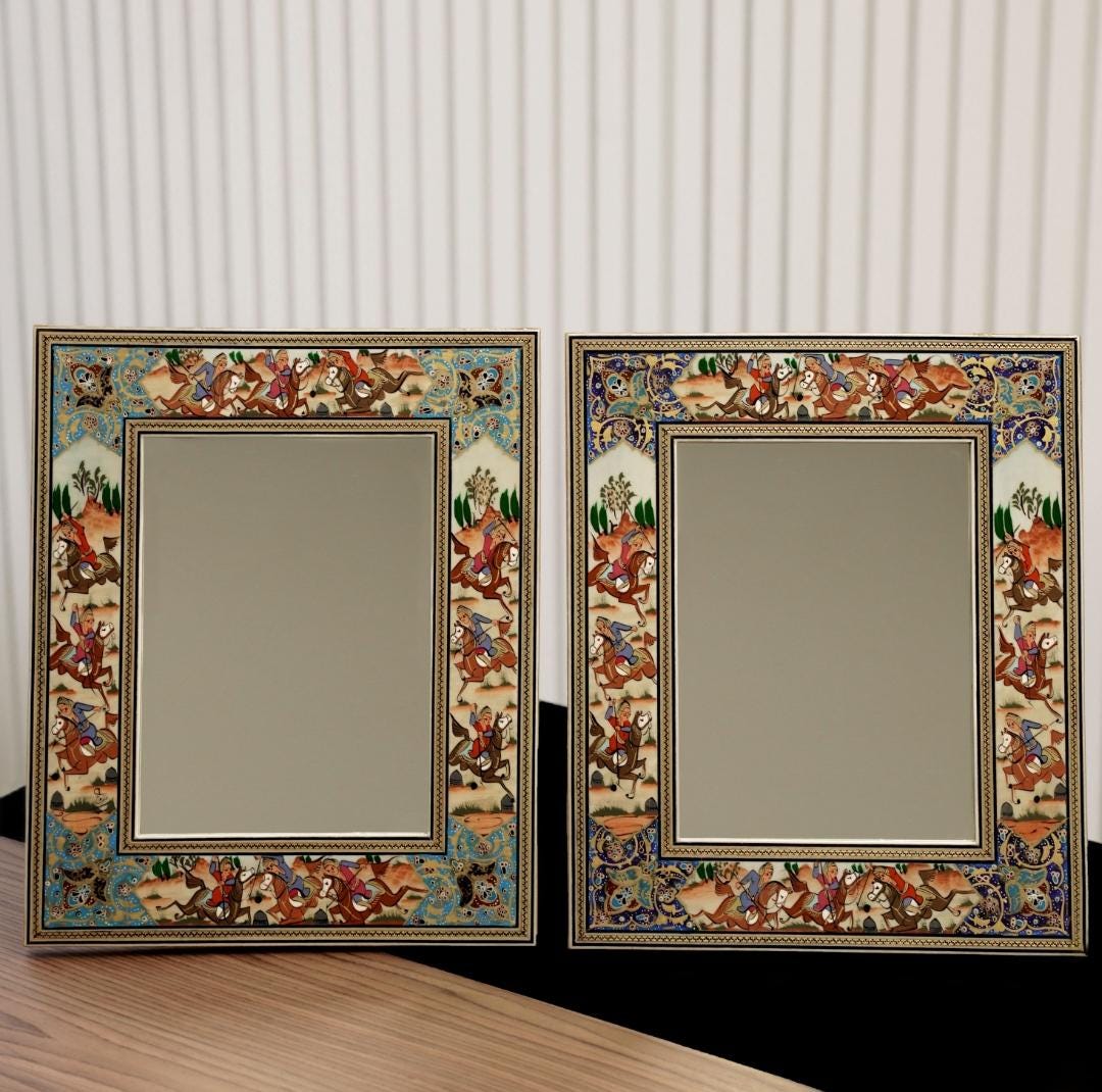 handmade polo scene mirror – indigo | 33.5×28 cm