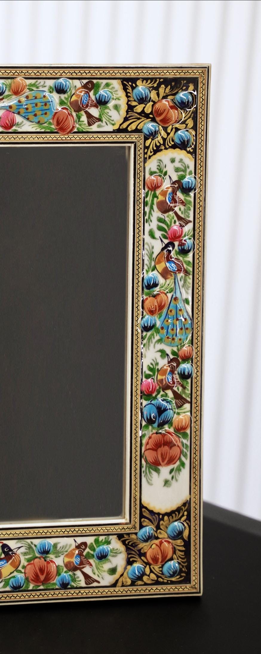 hand-painted mirror with relief enamel frame – bird & bloom design (40.5×34.5cm) blue flowers