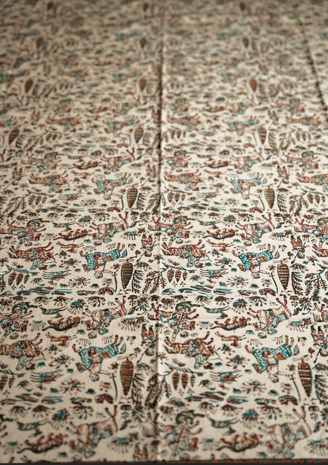 handmade block-printed tablecloth – persian hunting scene | 2m × 1.35m