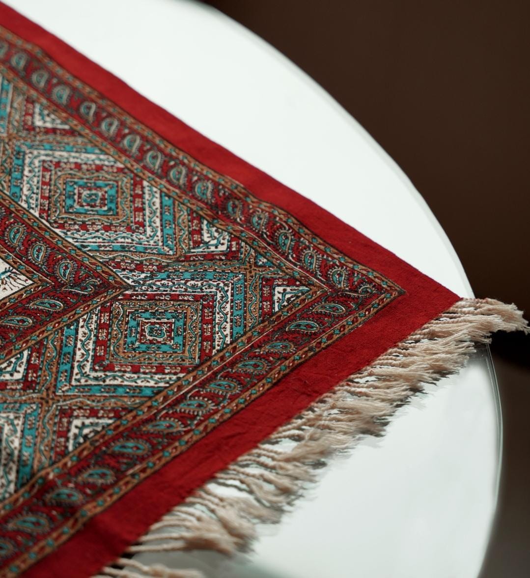 handmade block-printed tablecloth – persian hunting scene | 2m × 1.35m