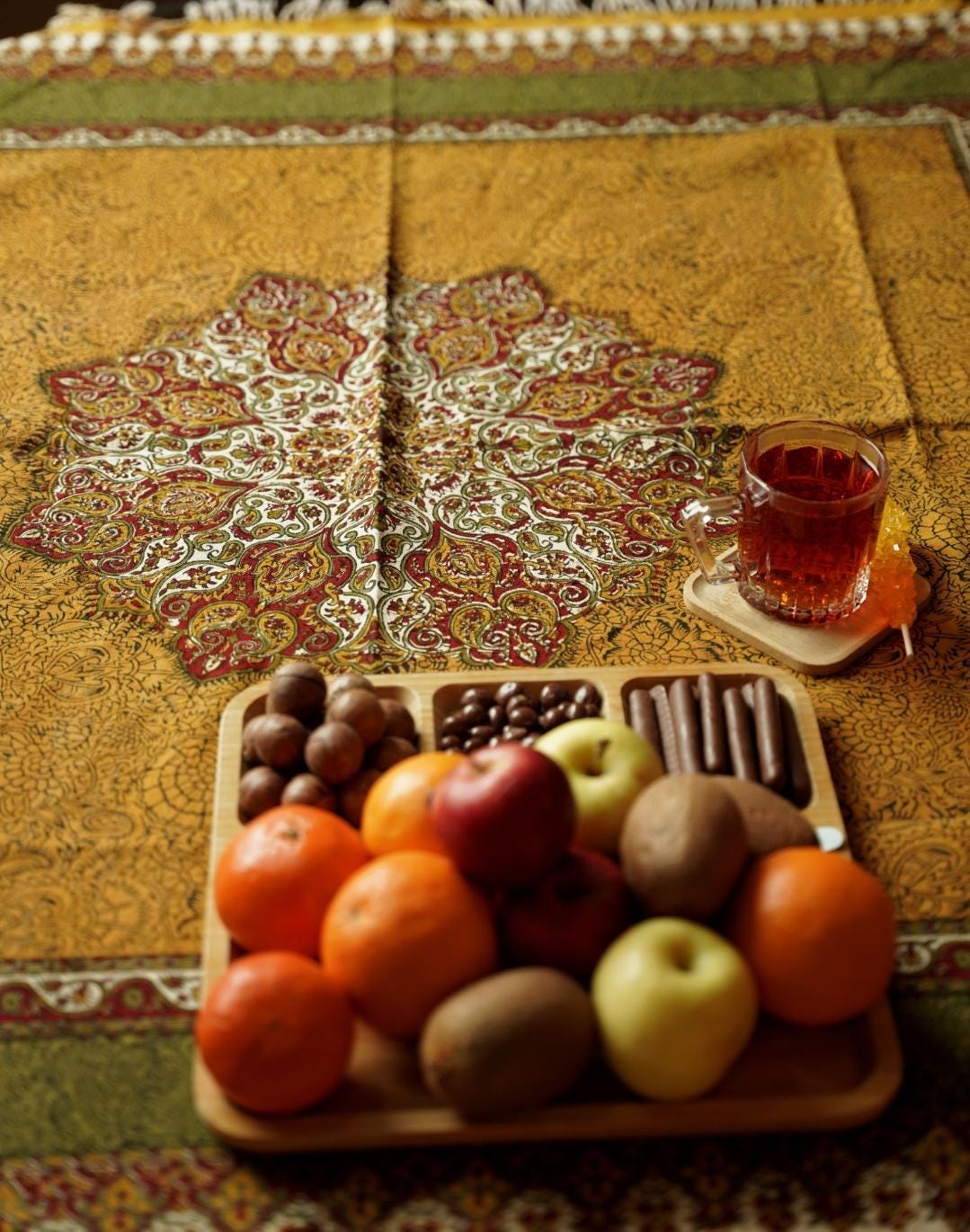 handmade block-printed tablecloth – shamseh motif | 122×122 cm