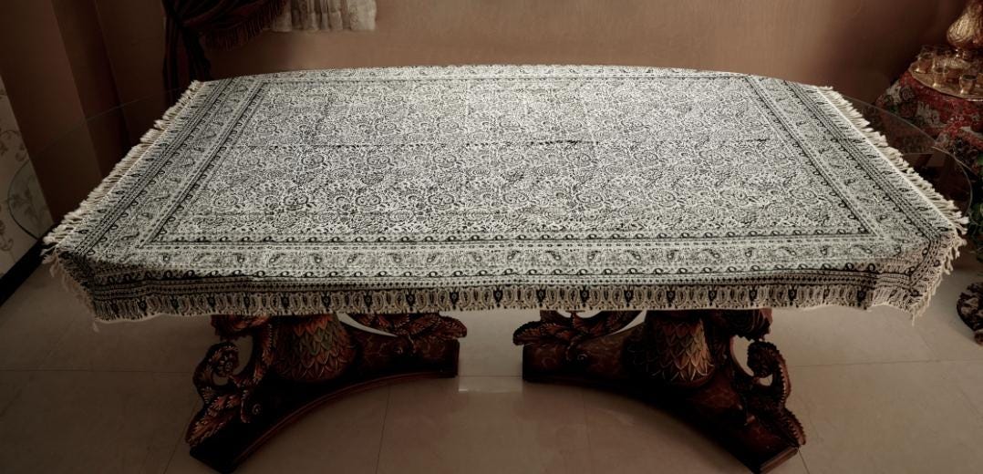 handmade block-printed tablecloth – monochrome floral | 206×136 cm