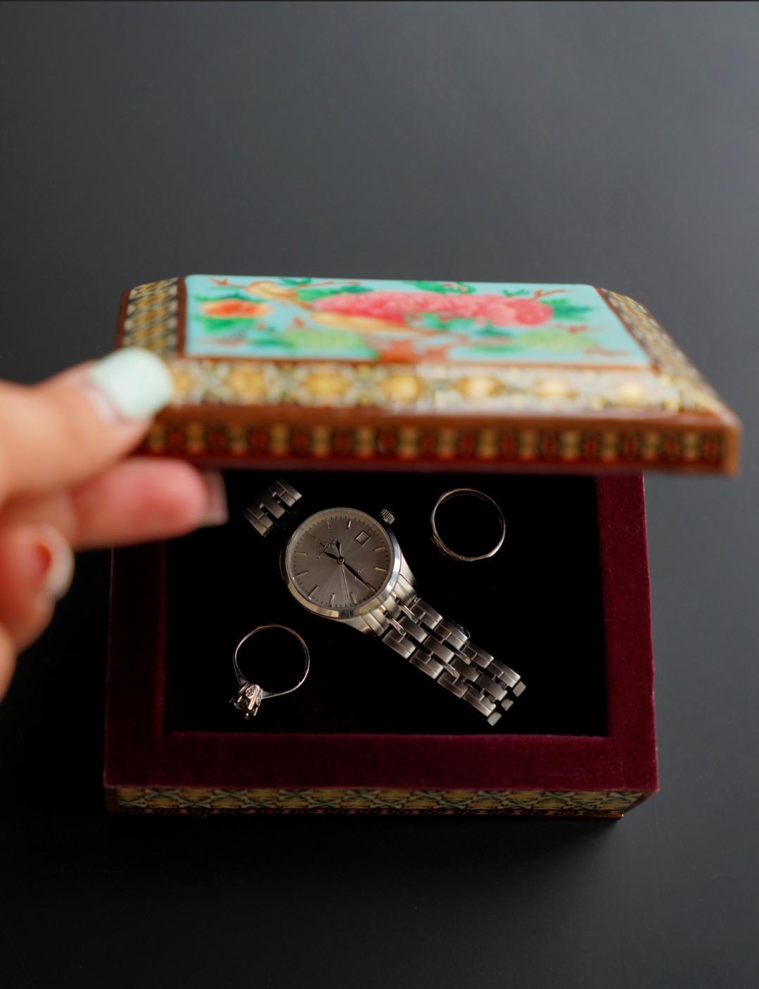 golshan – hand-painted jewelry box with bird and floral motif, khatamkari frame, velvet interio