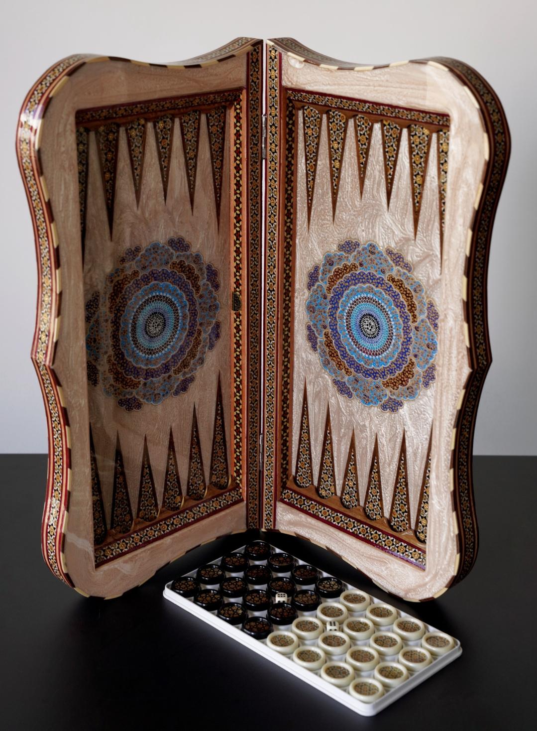 tazhib – handmade persian chess & backgammon set with shamseh motifs