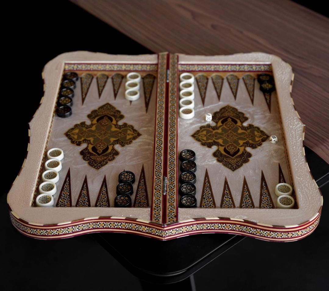 shabahang – luxury chess & backgammon set with shamseh motifs and shell finish