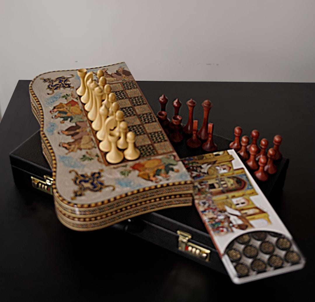layli o majnun – hand-painted chess & backgammon set with romantic miniature and shamseh motifs