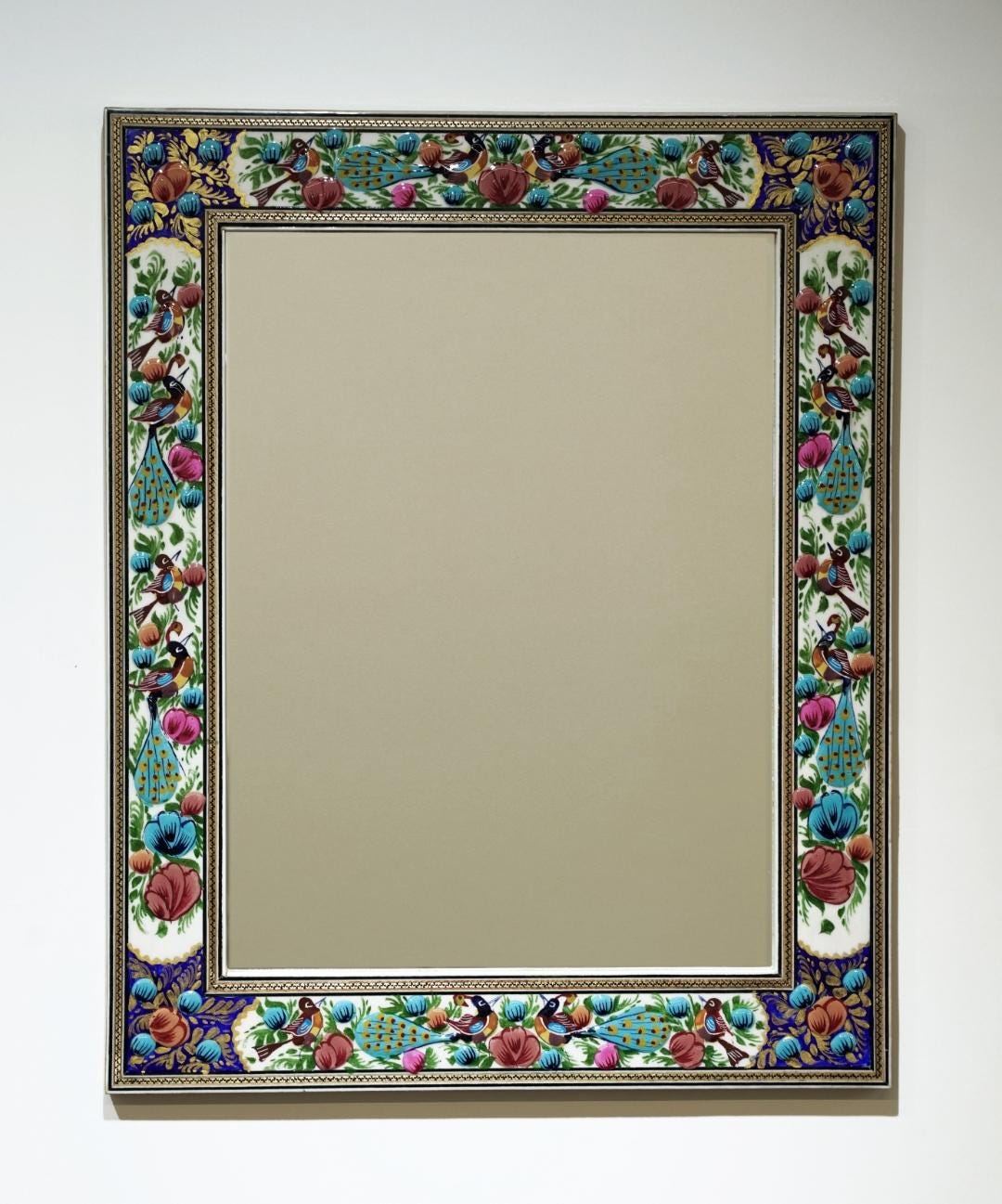 hand-painted mirror with relief enamel frame – bird & bloom design (50×40.5 cm) blue flowers