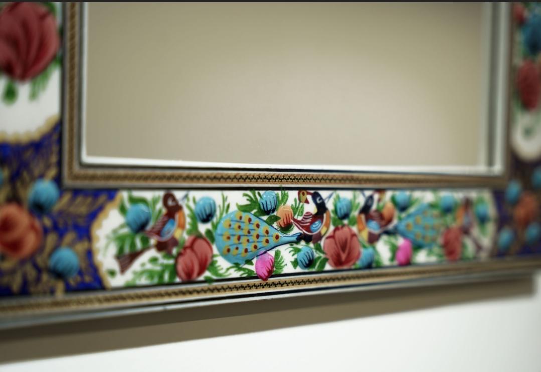 hand-painted mirror with relief enamel frame – bird & bloom design (50×40.5 cm) blue flowers