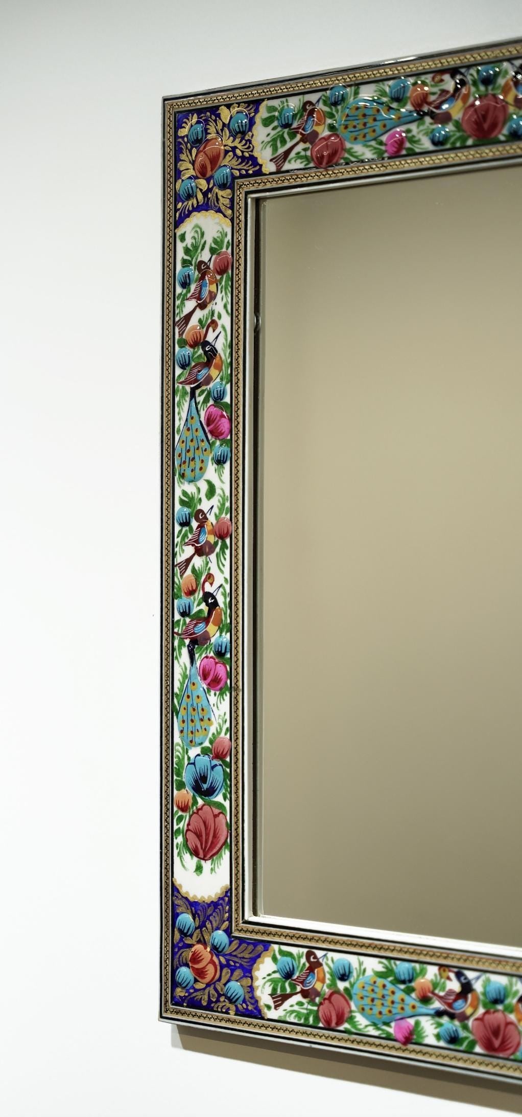 hand-painted mirror with relief enamel frame – bird & bloom design (50×40.5 cm) blue flowers