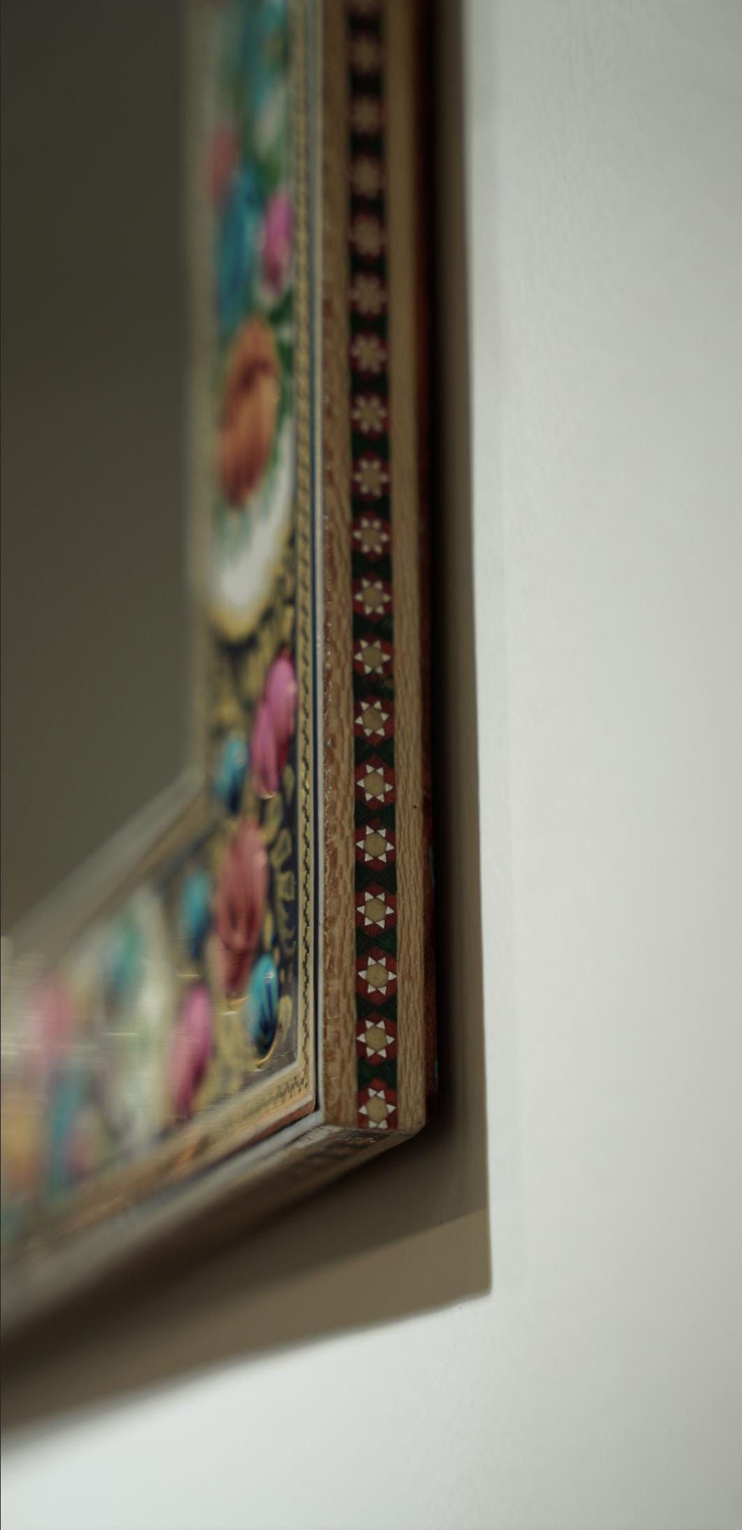 hand-painted mirror with relief enamel frame – bird & bloom design (50×40.5 cm) blue and pink flowers