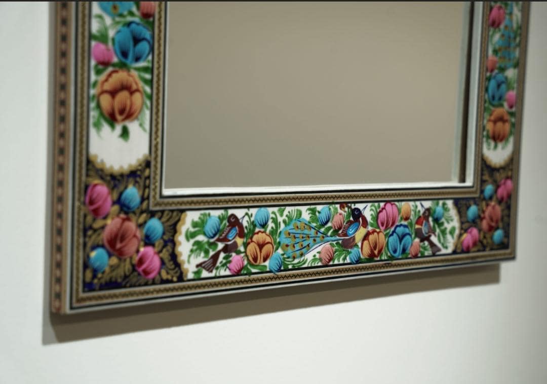 hand-painted mirror with relief enamel frame – bird & bloom design (50×40.5 cm) blue and pink flowers