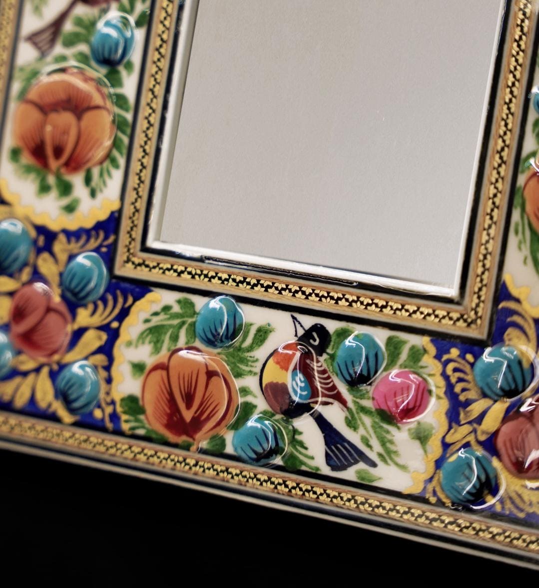 hand-painted mirror with relief enamel frame – bird & bloom design (35×20 cm)