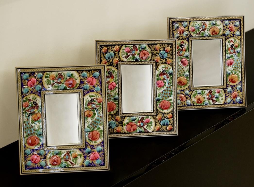 hand-painted mirror with relief enamel frame – bird & bloom design- blue flowers (23×19 cm)